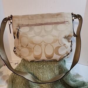 Coach Beige Signature Jacquard Crossbody with Metallic Strap